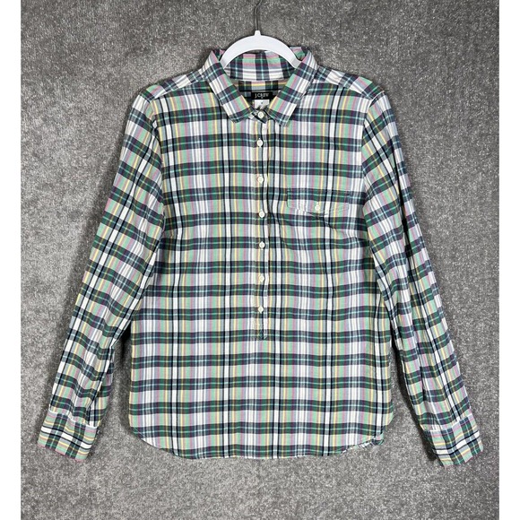 J Crew Long Sleeve Plaid Popover 3/4 Button Shirt Womens Size Medium Pocket - Picture 1 of 14